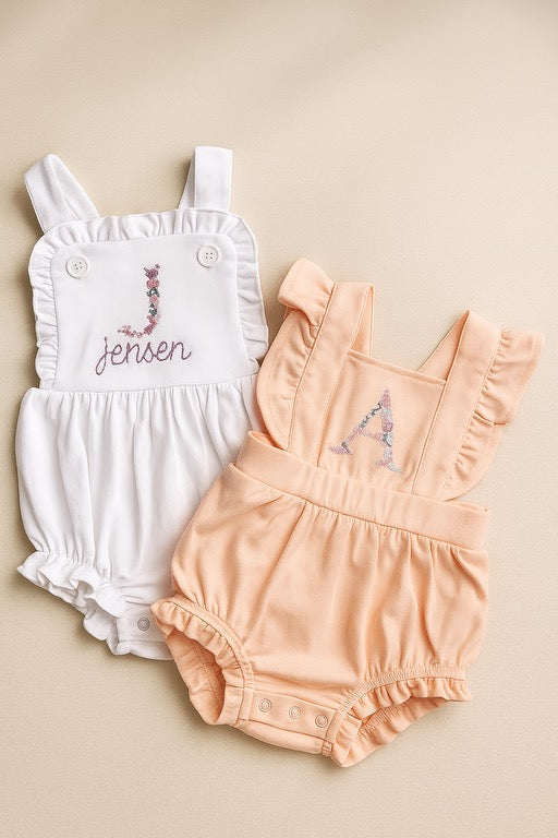 Personalized baby rompers with floral initial embroidery and name, boutique baby clothes Lakewood Ranch Sarasota